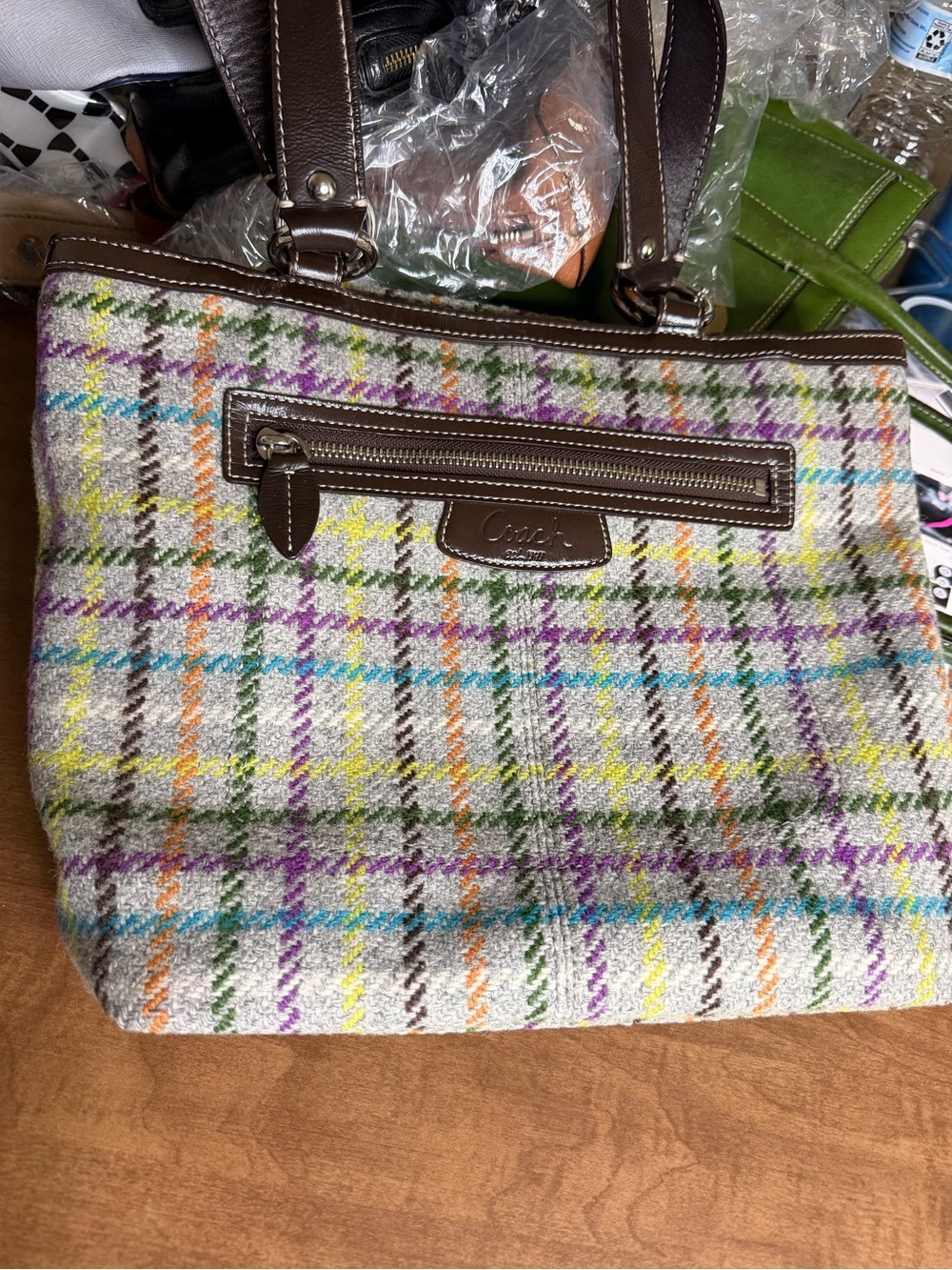 Coach Multicolor Plaid Wool Tote with Brown Leather Trim and Handles